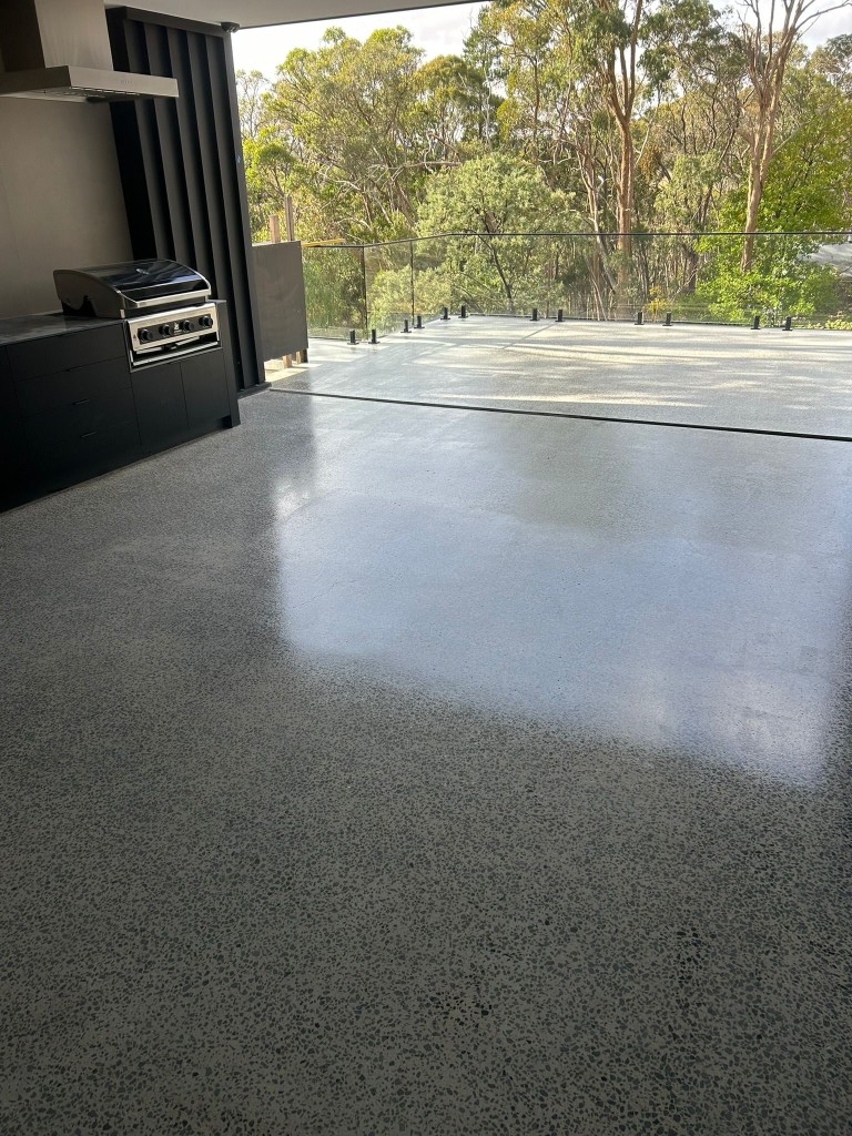 Honed sealed concrete entertaining area with outdoor kitchen and bushland view