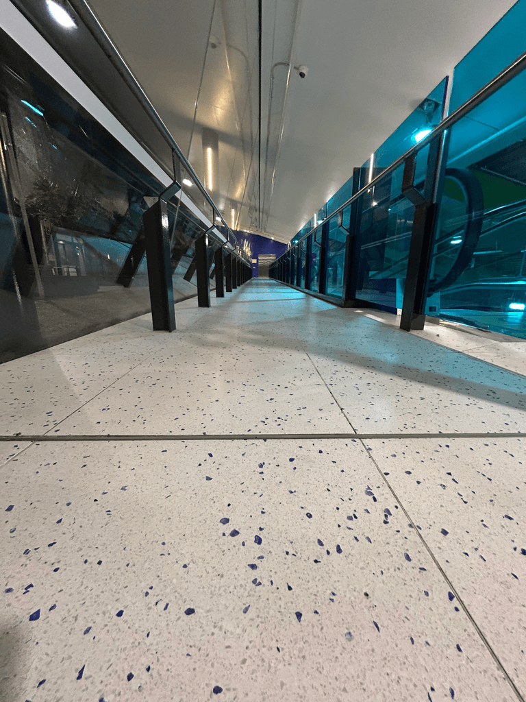 Polished concrete corridor with blue exposed aggregate flecks and blue glass partition walls in Melbourne commercial fit-out